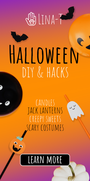 Banner ad template — Halloween DIY & Hacks — Candles Jack Lanterns Creepy Sweets Scary Costumes